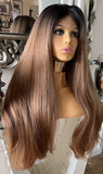 Auburn Human Hair Blend Lace Front Wig  360 Wig Dark Root 200 Density Lace Front