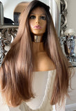 Auburn Human Hair Blend Lace Front Wig  360 Wig Dark Root 200 Density Lace Front