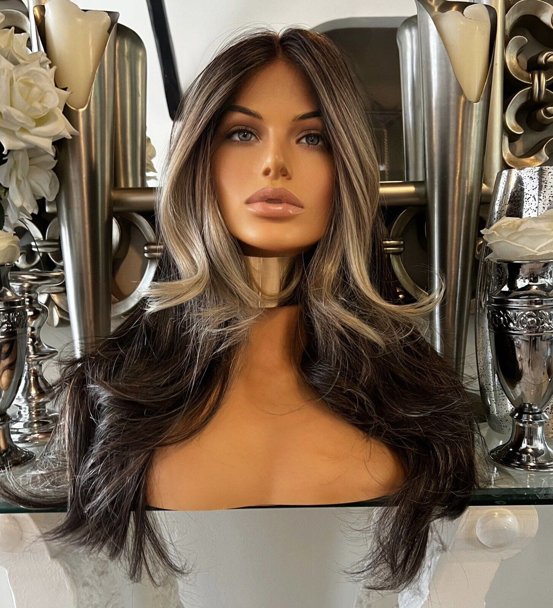 Celebrity Double ash blonde brown balayage h.d best straight lace front wig