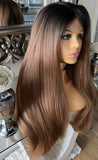 Auburn Human Hair Blend Lace Front Wig  360 Wig Dark Root 200 Density Lace Front