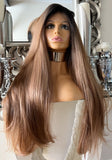 Auburn Human Hair Blend Lace Front Wig  360 Wig Dark Root 200 Density Lace Front