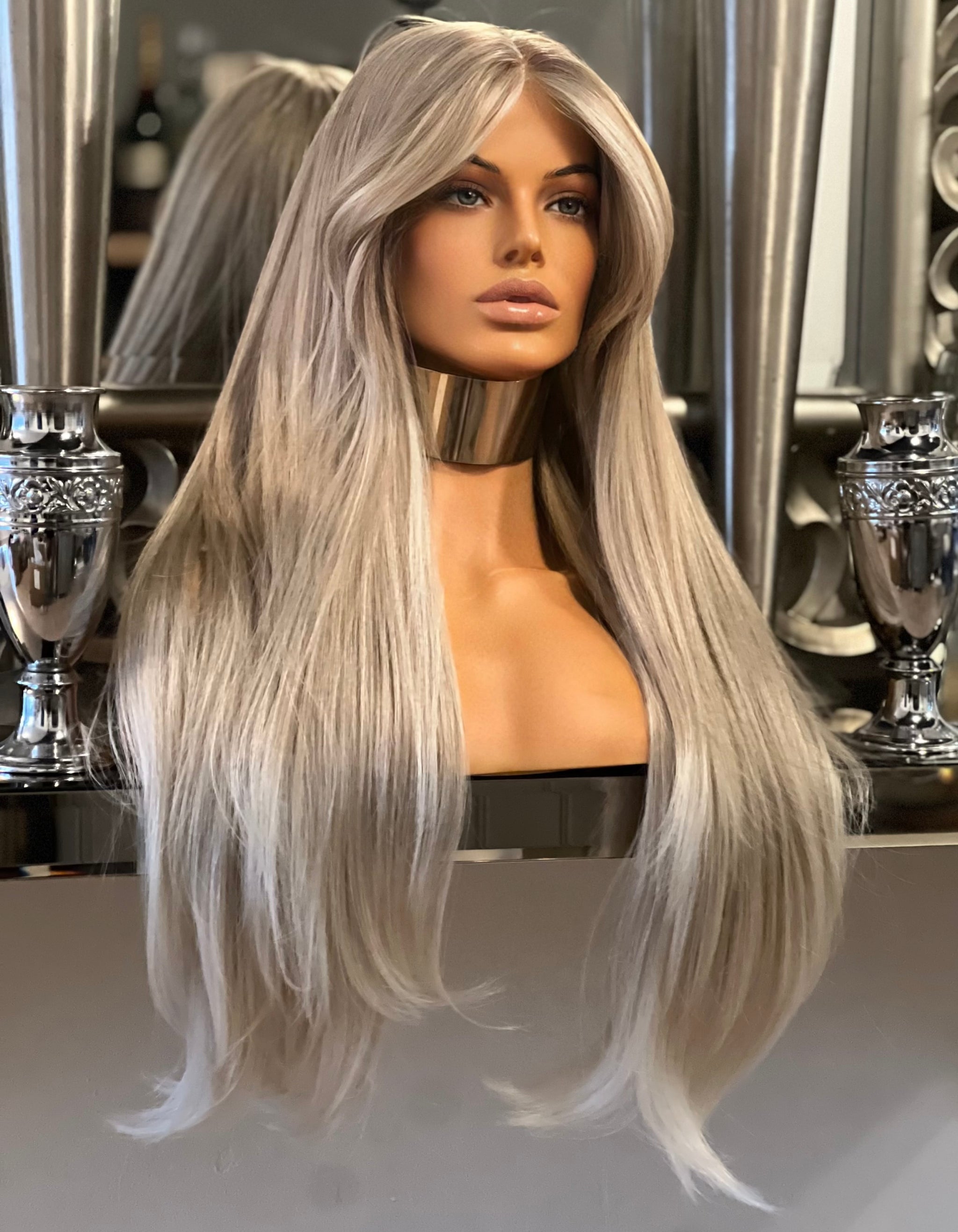 ?MOOLAH PLATINUM GREY 24” COACHELLA CELEBRITY WIG Mikella Human Hair Blend Wig by Especially Yours  main image 3