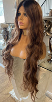 Kim K curly Auburn Brown Face Framing Blonde Centre Part