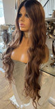 Kim K curly Auburn Brown Face Framing Blonde Centre Part