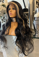 Black human hair Blend Lace Front Wig Money Piece Strawberry Blonde Highlight