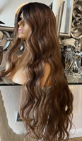 Kim K curly Auburn Brown Face Framing Blonde Centre Part