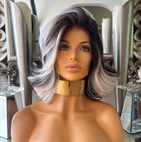 Black Lace Front Wig 1b White Grey Highlights Silver Bob Edgy Short Lace Wig