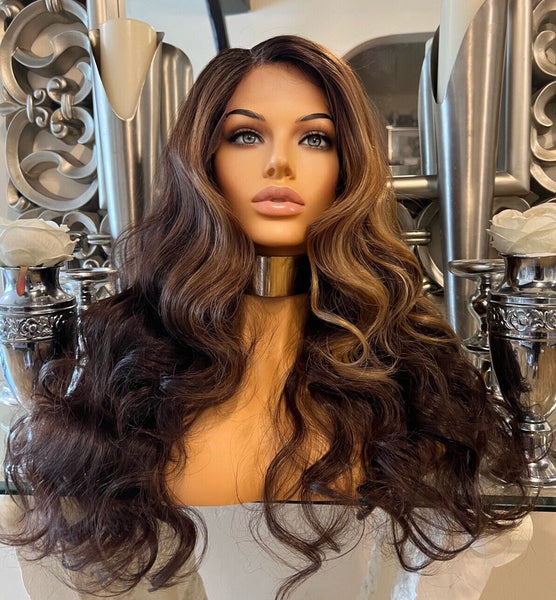 Beautiful side part lace front wavy brown highlighted wig