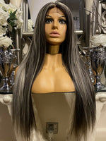 blonde human hair Lace Front Blend wig Blonde And Brown Highlight Wig Centre Wig - Celebrity Hair UK