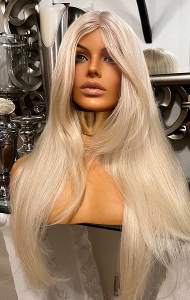 Blonde Fringe Wig Silk Top Centre Part Wig 613 Wig Bangs Fringe Yellow Tone Wig