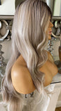 Side part creamy blonde unit with dark root