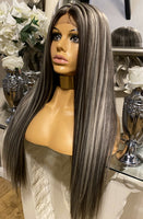 blonde human hair Lace Front Blend wig Blonde And Brown Highlight Wig Centre Wig - Celebrity Hair UK