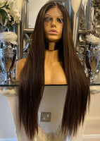 Brown Lace Front Wig Brown Human Hair Blend Wig  Highlights Centre Part Wig - Celebrity Hair UK
