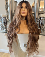 Kim K curly Auburn Brown Face Framing Blonde Centre Part