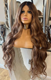 Kim K curly Auburn Brown Face Framing Blonde Centre Part