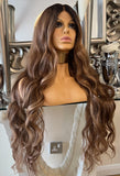 Kim K curly Auburn Brown Face Framing Blonde Centre Part