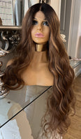 Kim K curly Auburn Brown Face Framing Blonde Centre Part