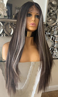human hair blend lace front wig brown blonde highlighted lace front centre part