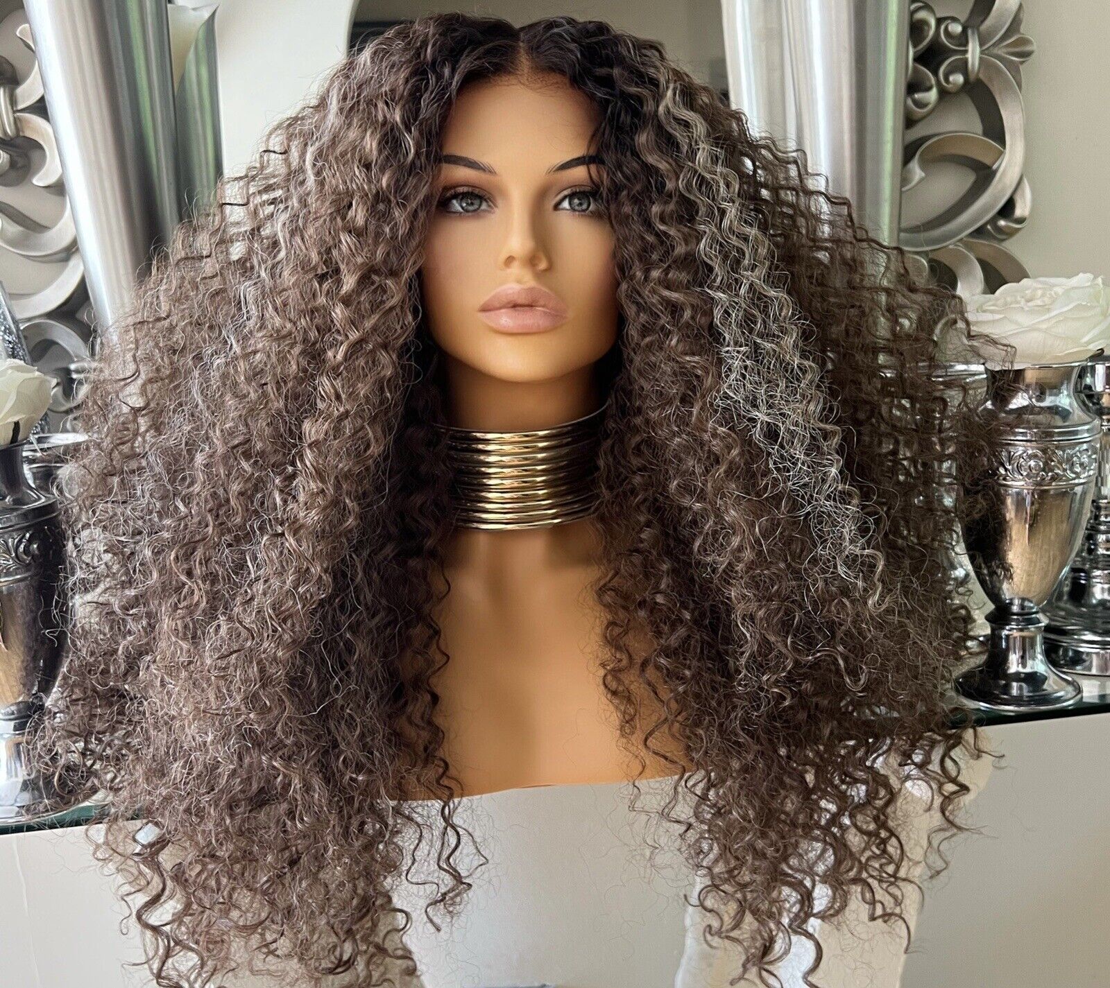 Curly Centre part wig Afro Brown with beautiful blonde highlights Celebrity Hair UK