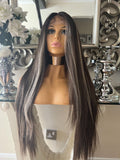 human hair blend lace front wig brown blonde highlighted lace front centre part