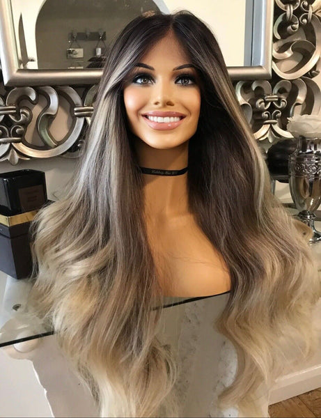 Cinderella - blonde human hair Blend Lace Front Wig Ombré Auburn Brown Blonde 360 Lace Wig