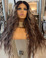 Beautiful centre part lace front curly highlighted wig