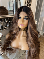 Kim K curly Auburn Brown Face Framing Blonde Centre Part