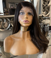 Human Hair Blend Wig Highlight Side Part Wig Brown Wig With Blonde Highlights