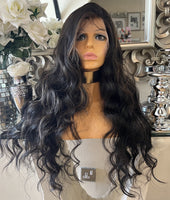 Black human hair Blend Lace Front Wig Centre Part Balayage Wig Blonde Highlight